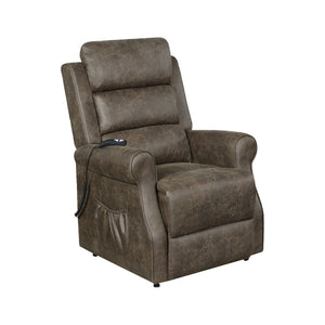 Benzara Faux Suede Upholstered Power Lift Recliner with Tufted Backrest, Brown BM220291 Brown Solid Wood, Metal and Fabric BM220291