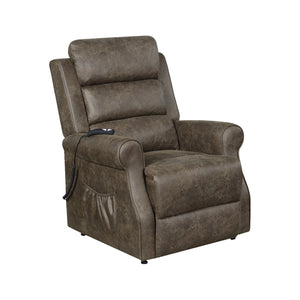 Benzara Faux Suede Upholstered Power Lift Recliner with Rolled Arms, Brown BM220292 Brown Solid Wood, Metal and Fabric BM220292