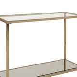 Benzara Glass Top Sofa Table with Metal Frame and Open Shelf, Brass and Clear BM220303 Brass and Clear Metal, Glass and Mirror BM220303