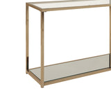 Benzara Glass Top Sofa Table with Metal Frame and Open Shelf, Brass and Clear BM220303 Brass and Clear Metal, Glass and Mirror BM220303