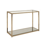 Glass Top Sofa Table with Metal Frame and Open Shelf, Brass and Clear