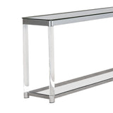 Benzara Acrylic Frame Sofa Table with Glass Top and Bottom Shelf, Clear and Chrome BM220310 Chrome and Clear Acrylic and Tempered Glass BM220310