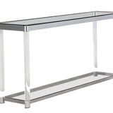 Benzara Acrylic Frame Sofa Table with Glass Top and Bottom Shelf, Clear and Chrome BM220310 Chrome and Clear Acrylic and Tempered Glass BM220310