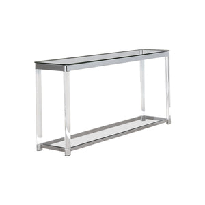 Benzara Acrylic Frame Sofa Table with Glass Top and Bottom Shelf, Clear and Chrome BM220310 Chrome and Clear Acrylic and Tempered Glass BM220310