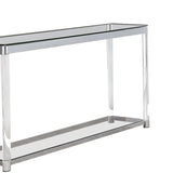 Benzara Acrylic Frame Sofa Table with Glass Top and Bottom Shelf, Clear and Chrome BM220310 Chrome and Clear Acrylic and Tempered Glass BM220310