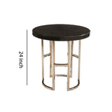 Benzara Round Wood Top End Table with U shaped Legs, Brown and Gold BM220323 Brown, Gold Metal, Solid Wood BM220323