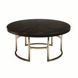 Benzara Round Wood Top Coffee Table with U shaped Legs, Brown and Gold BM220324 Brown, Gold Metal, Solid Wood BM220324