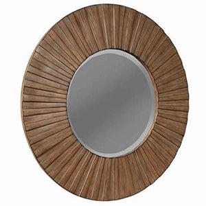 Benzara Transitional Sunburst Round Mirror with Wooden Frame, Brown BM220483 Brown Solid Wood, Mirror BM220483