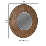 Benzara Transitional Sunburst Round Mirror with Wooden Frame, Brown BM220483 Brown Solid Wood, Mirror BM220483