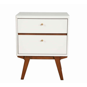 Benzara 2 Drawer Wooden Nightstand with Angled Legs, White and Brown BM220496 White, Brown Solid Wood, Veneer BM220496