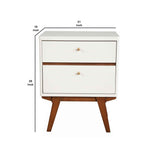 Benzara 2 Drawer Wooden Nightstand with Angled Legs, White and Brown BM220496 White, Brown Solid Wood, Veneer BM220496