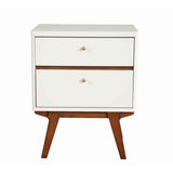 2 Drawer Wooden Nightstand with Angled Legs, White and Brown