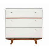 Benzara 3 Drawer Wood Chest with Round Pulls and Angled Legs, Small,White and Brown BM220498 White, Brown Solid Wood, Veneer BM220498