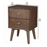 Benzara Mid Century Modern Wooden Nightstand with 2 Drawers and Slanted Legs, Brown BM220521 Brown Solid Wood, Veneer BM220521