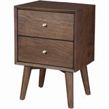 Benzara Mid Century Modern Wooden Nightstand with 2 Drawers and Slanted Legs, Brown BM220521 Brown Solid Wood, Veneer BM220521