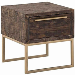 Benzara Wooden Lamp Table with 1 Storage Drawer and Metal Base, Brown and Gold BM220531 Brown and Gold Solid Wood and Metal BM220531