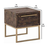 Benzara Wooden Lamp Table with 1 Storage Drawer and Metal Base, Brown and Gold BM220531 Brown and Gold Solid Wood and Metal BM220531