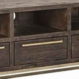 Benzara 3 Drawer TV Console with Sled Base and 3 Open Compartments, Brown and Gold BM220533 Brown, Gold Solid Wood BM220533