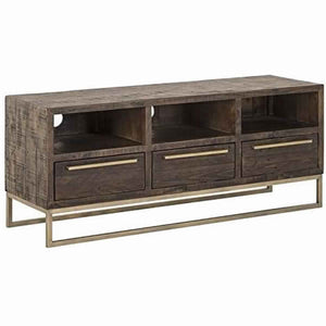 Benzara 3 Drawer TV Console with Sled Base and 3 Open Compartments, Brown and Gold BM220533 Brown, Gold Solid Wood BM220533