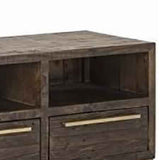 Benzara 3 Drawer TV Console with Sled Base and 3 Open Compartments, Brown and Gold BM220533 Brown, Gold Solid Wood BM220533