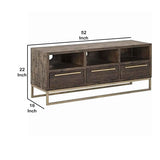 Benzara 3 Drawer TV Console with Sled Base and 3 Open Compartments, Brown and Gold BM220533 Brown, Gold Solid Wood BM220533