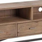 Benzara 3 Drawer Wooden TV Console with Sled Base and 2 Open Compartments, Brown BM220536 Brown Solid Wood and Metal BM220536