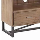 Benzara 3 Drawer Wooden TV Console with Sled Base and 2 Open Compartments, Brown BM220536 Brown Solid Wood and Metal BM220536