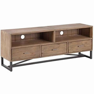 Benzara 3 Drawer Wooden TV Console with Sled Base and 2 Open Compartments, Brown BM220536 Brown Solid Wood and Metal BM220536