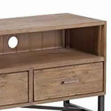 Benzara 3 Drawer Wooden TV Console with Sled Base and 2 Open Compartments, Brown BM220536 Brown Solid Wood and Metal BM220536