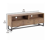 Benzara 3 Drawer Wooden TV Console with Sled Base and 2 Open Compartments, Brown BM220536 Brown Solid Wood and Metal BM220536