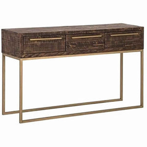 Benzara Wooden Sofa Table with 3 Storage Drawers and Metal Base, Brown and Gold BM220544 Brown and Gold Solid Wood and Metal BM220544