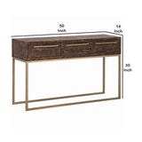 Benzara Wooden Sofa Table with 3 Storage Drawers and Metal Base, Brown and Gold BM220544 Brown and Gold Solid Wood and Metal BM220544