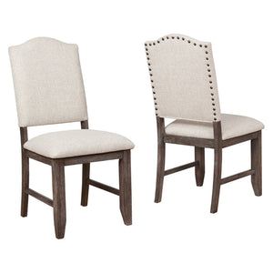 Benzara Arched Open Back Side Chair with Nailhead Accents,Set of 2, Beige and Brown BM220557 Brown and Beige Solid Wood and Fabric BM220557