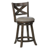 Benzara Curved Back Swivel Pub stool with Leatherette Seat,Set of 2, Gray and Brown BM220560 Gray and Brown Solid Wood and Faux Leather BM220560