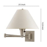 Benzara 60 Watt Metal Swing Arm Wall Lamp with Tapered Shade, Off White and Silver BM220647 White and Silver Fabric and Metal BM220647