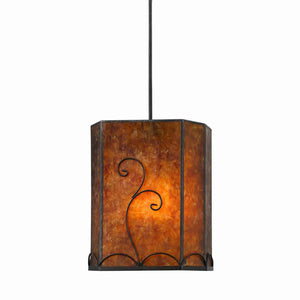 Benzara Scroll Design Pendant Lighting with Mica Shade, Brown and Black BM220771 Brown and Black Metal and Mica BM220771