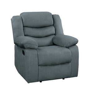 Benzara Wooden Transitional Split Back Reclining Chair with Pillow Armrest, Gray BM220868 Gray Solid wood, Metal, Fabric BM220868