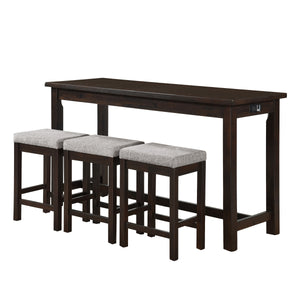 Benzara 1 Drawer Counter Height Table with Backless Stools,Set of 4,Brown and Gray BM220893 Brown and Gray Solid Wood, Engineered Wood and Fabric BM220893