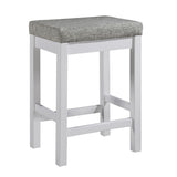 Benzara 1 Drawer Counter Height Table with Backless Stools,Set of 4,White and Gray BM220895 White and Gray Solid Wood, Engineered Wood and Fabric BM220895