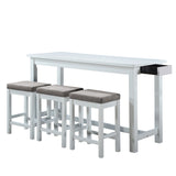 Benzara 1 Drawer Counter Height Table with Backless Stools,Set of 4,White and Gray BM220895 White and Gray Solid Wood, Engineered Wood and Fabric BM220895