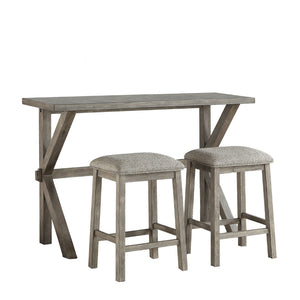 Benzara Trestle Base Counter Height Table with Fabric Backless Stools,Set of 3,Gray BM220901 Gray Solid Wood, Engineered Wood, Fabric and Veneer BM220901