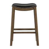 Benzara Wooden Pub Height Bar Stool with Leatherette Saddle Seat, Brown and Black BM220924 Brown and Gray Solid Wood and Leatherette BM220924