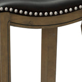 Benzara Wooden Pub Height Bar Stool with Leatherette Saddle Seat, Brown and Black BM220924 Brown and Gray Solid Wood and Leatherette BM220924