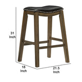 Benzara Wooden Pub Height Bar Stool with Leatherette Saddle Seat, Brown and Black BM220924 Brown and Gray Solid Wood and Leatherette BM220924