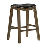 Benzara Wooden Pub Height Bar Stool with Leatherette Saddle Seat, Brown and Black BM220924 Brown and Gray Solid Wood and Leatherette BM220924