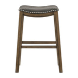 Benzara Wooden Pub Height Bar Stool with Leatherette Saddle Seat, Brown and Gray BM220926 Brown and Gray Solid Wood and Leatherette BM220926