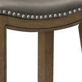 Benzara Wooden Pub Height Bar Stool with Leatherette Saddle Seat, Brown and Gray BM220926 Brown and Gray Solid Wood and Leatherette BM220926