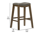 Benzara Wooden Pub Height Bar Stool with Leatherette Saddle Seat, Brown and Gray BM220926 Brown and Gray Solid Wood and Leatherette BM220926