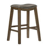 Benzara Wooden Pub Height Bar Stool with Leatherette Saddle Seat, Brown and Gray BM220926 Brown and Gray Solid Wood and Leatherette BM220926