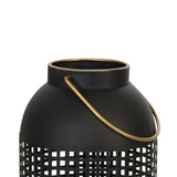Benzara 11 Inches Caged Metal Frame Lantern with Handle, Black and Gold BM221029 Black and Gold Metal BM221029